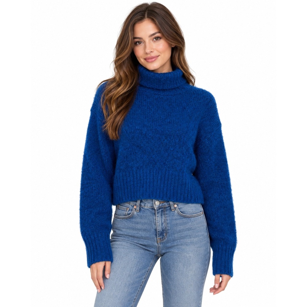 Zara Women Royal Blue Fuzzy Cropped Turtleneck Sweater Wool Blend | Small